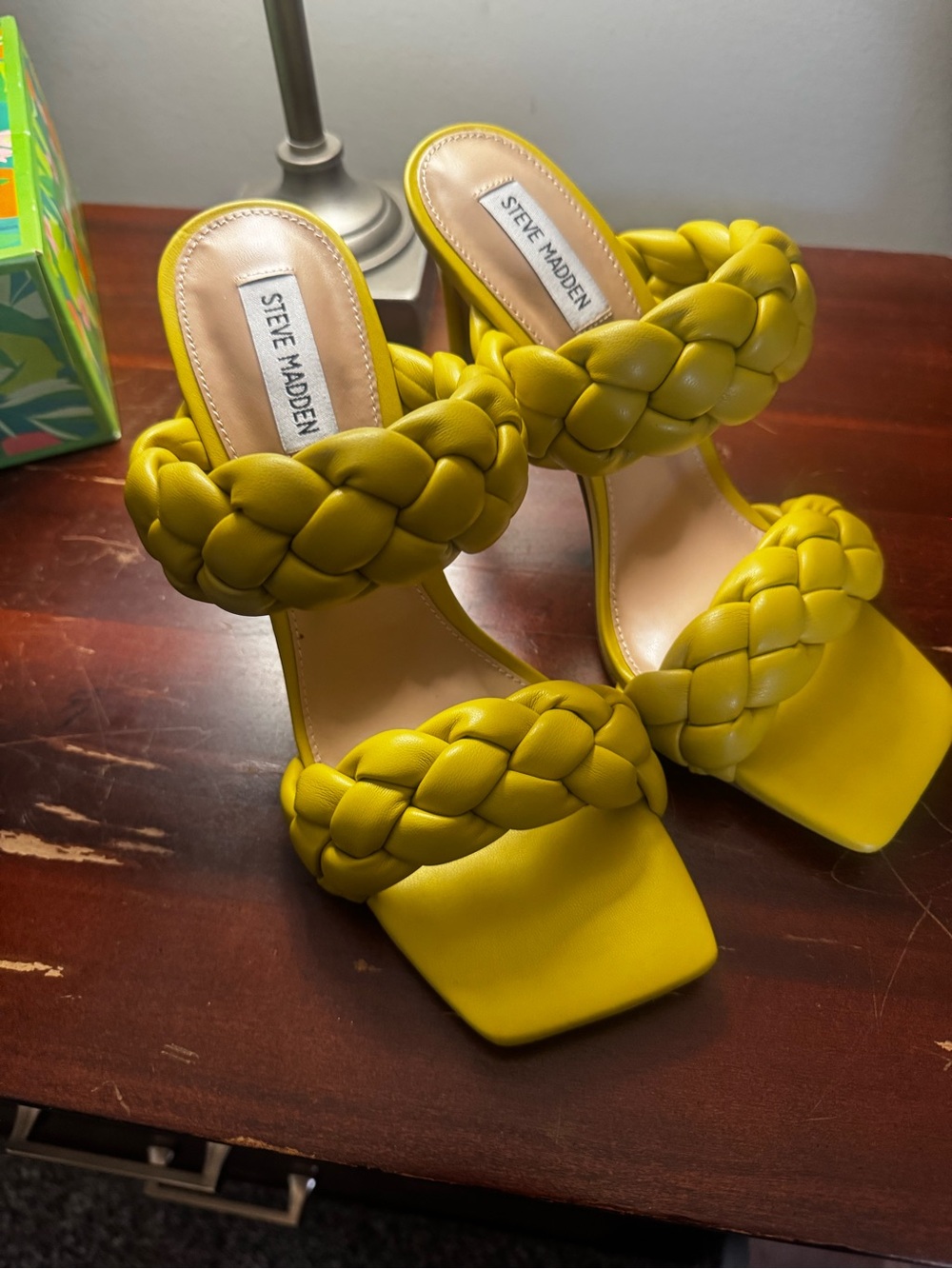 Steve Madden Braided Strap High Heel Sandals in Chartreuse Yellow - Picture 8 of 9